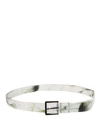 Men White Floral PVC Silver Metal Buckle Belt