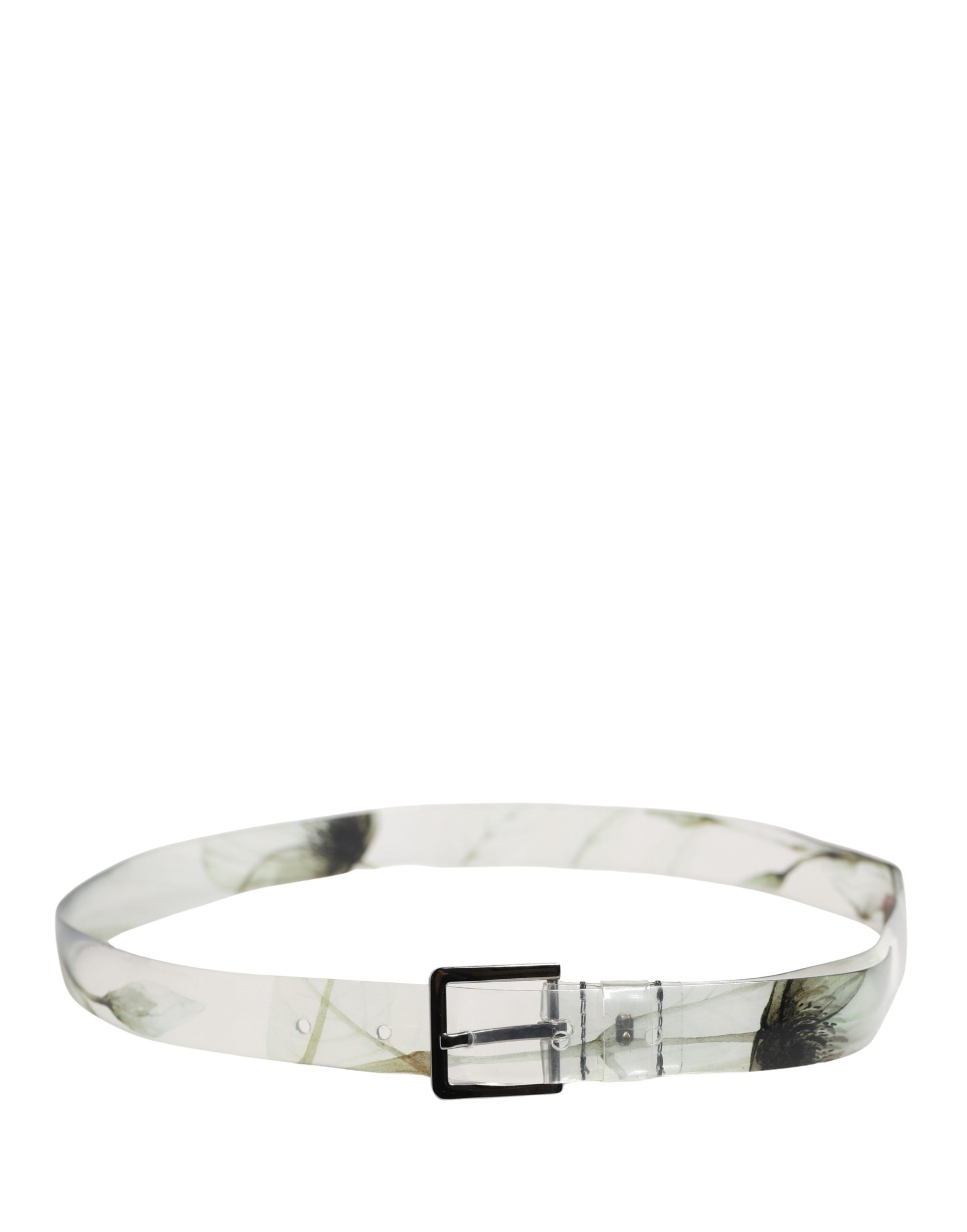 Men White Floral PVC Silver Metal Buckle Belt