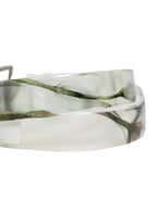 Men White Floral PVC Silver Metal Buckle Belt