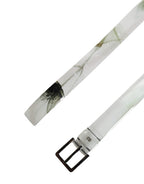 Men White Floral PVC Silver Metal Buckle Belt