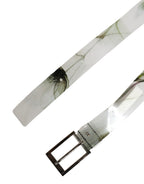 Men White Floral PVC Silver Metal Buckle Belt