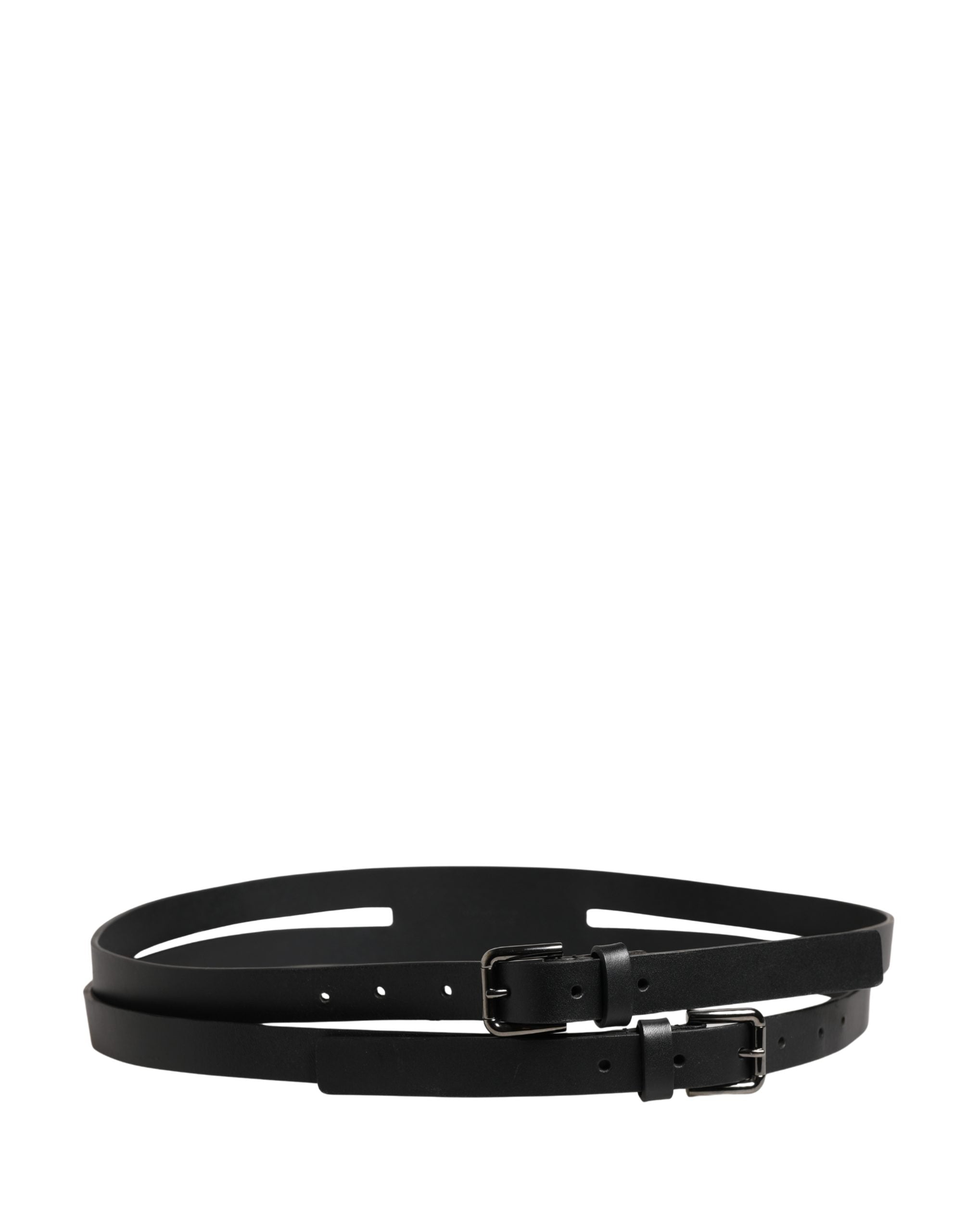Black Double Strap Leather Silver Buckle Belt