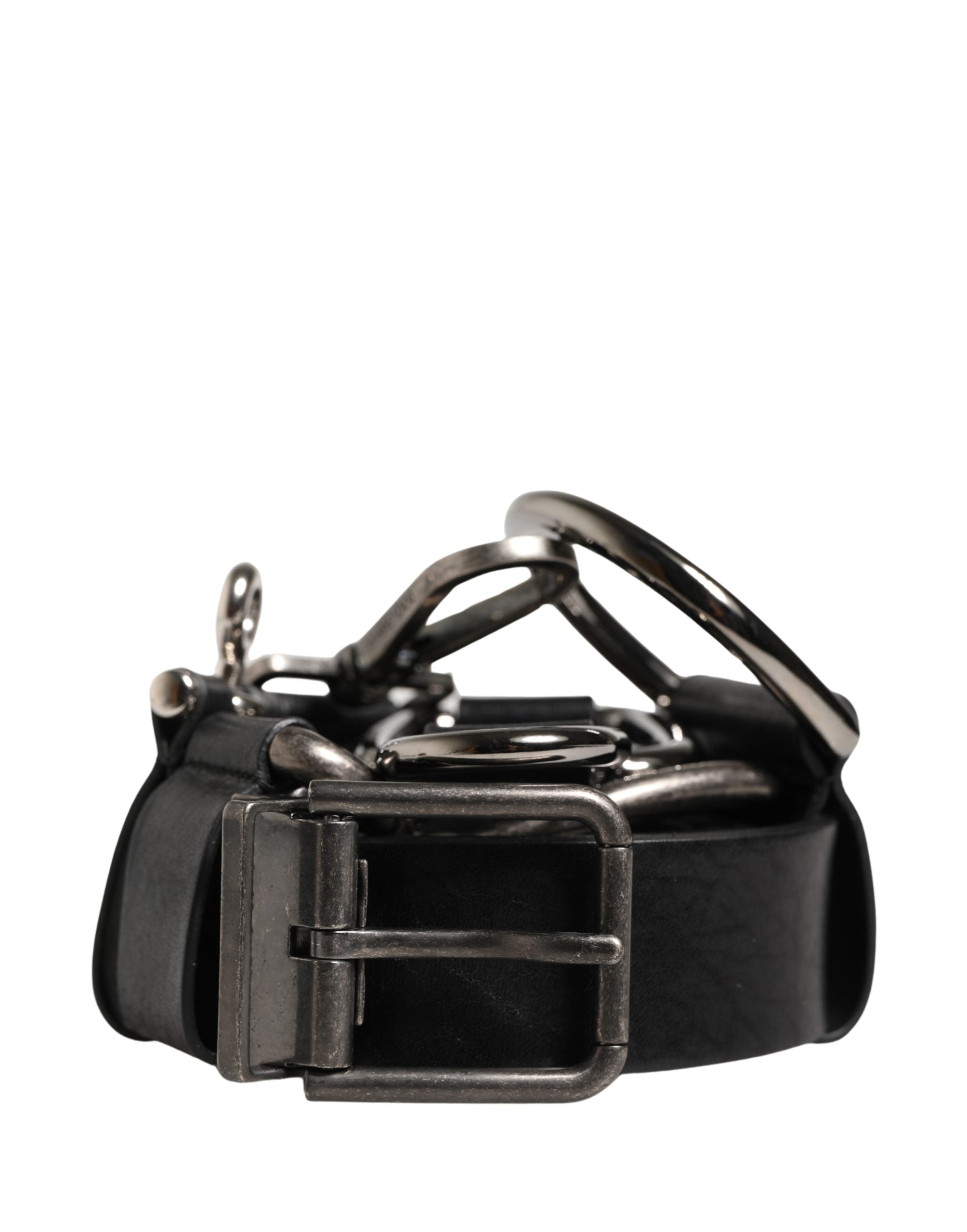 Black Calf Leather Silver Metal Buckle Belt
