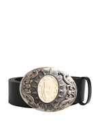 Black Calf Leather Ornate Metal Buckle Belt