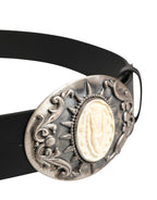 Black Calf Leather Ornate Metal Buckle Belt