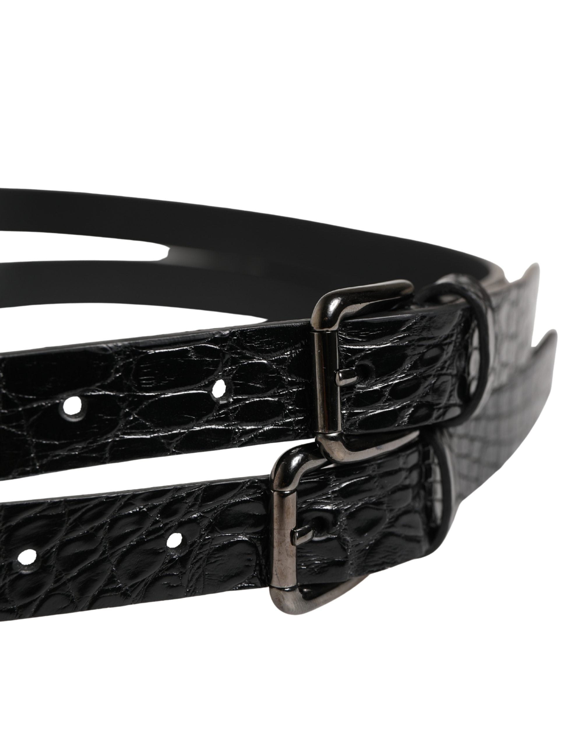 Black Double Strap Leather Silver Buckle Belt