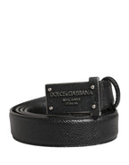 Men Black Calf Leather Logo Metal Buckle Belt