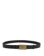 Black Classic Leather Logo Metal Buckle Belt