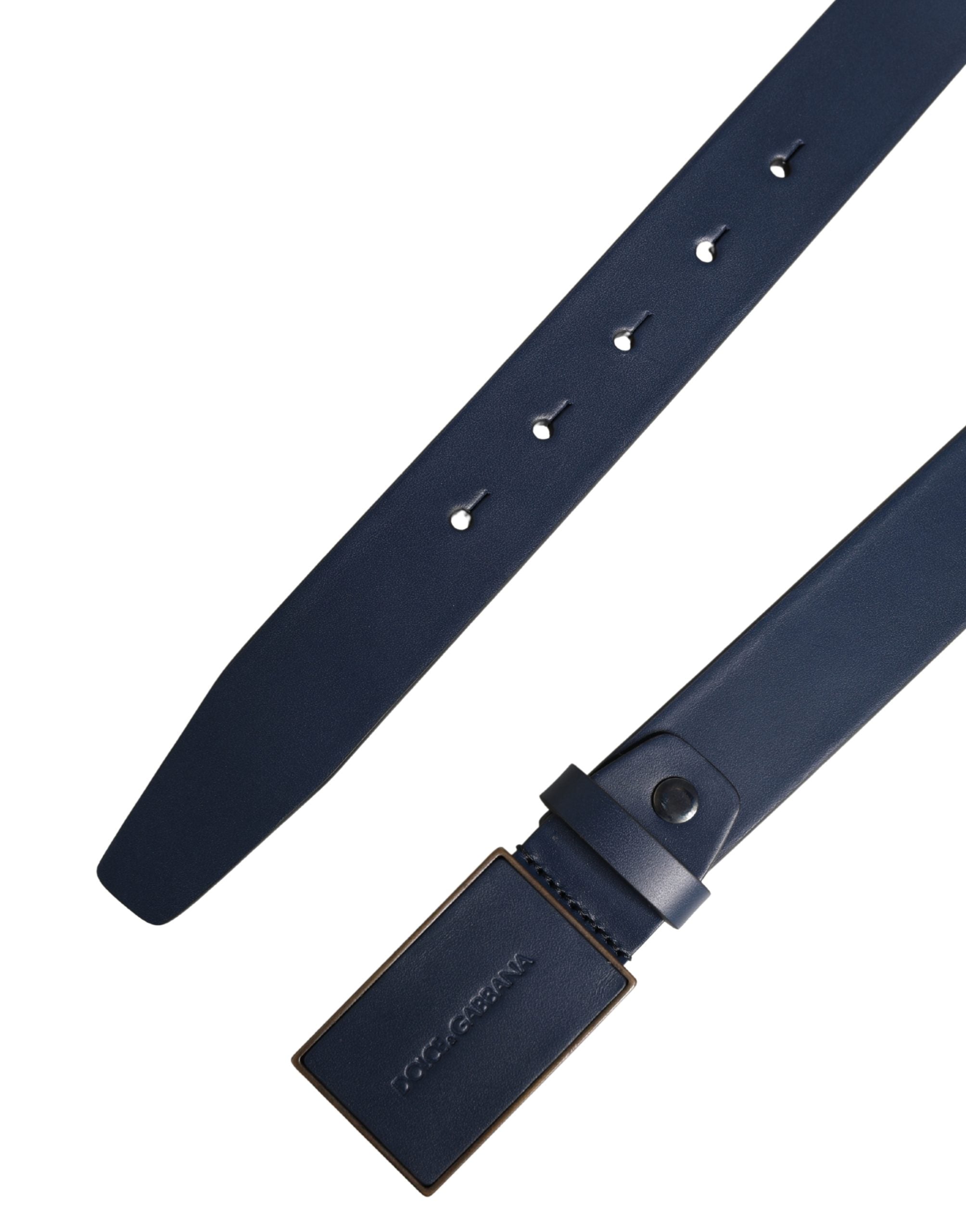 Blue Calfskin Leather Logo Metal Buckle Belt