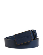 Men Blue Calf Leather Logo Metal Buckle Belt