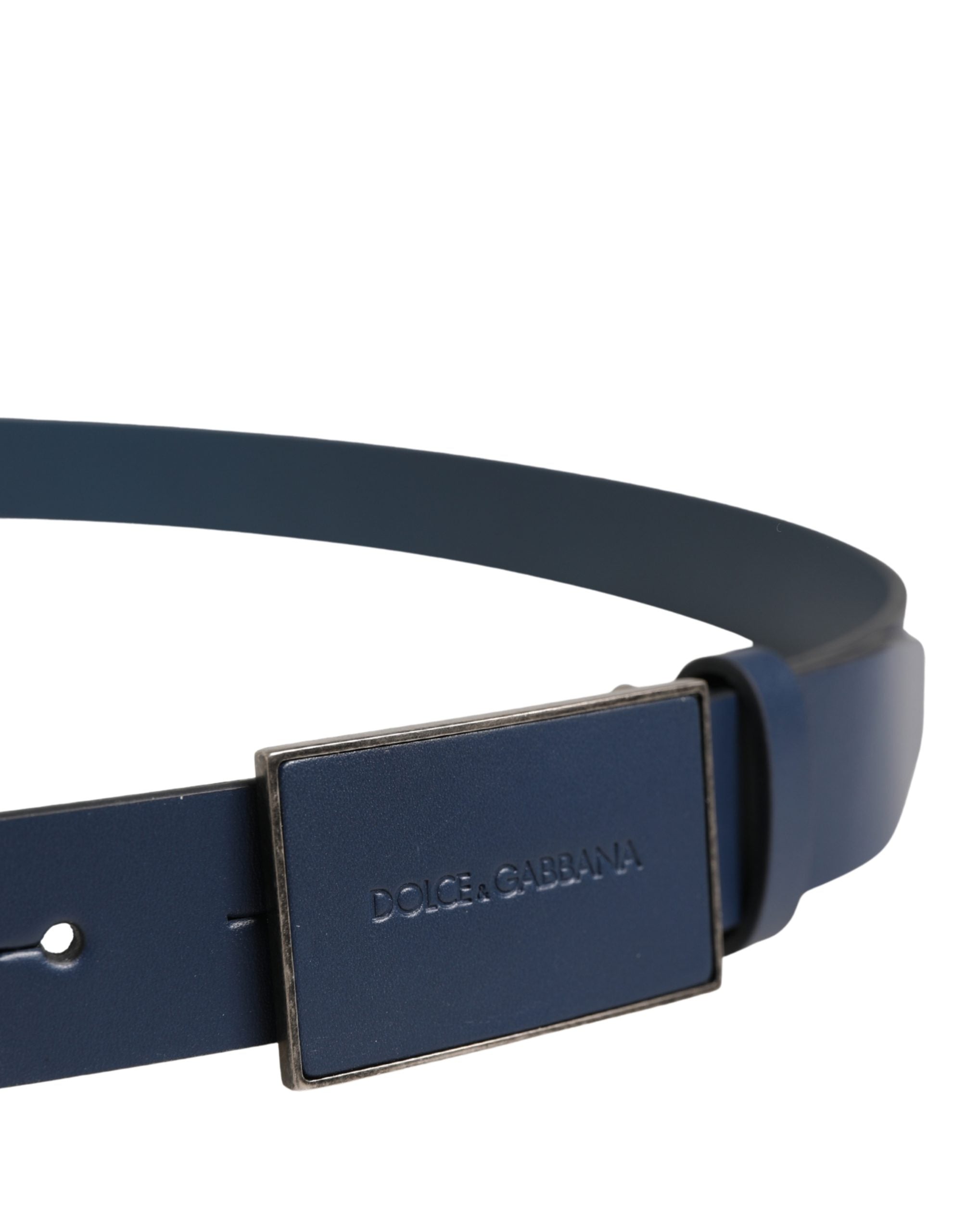 Men Blue Calf Leather Logo Metal Buckle Belt