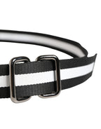 Men Black White Nylon Logo Metal Buckle Belt