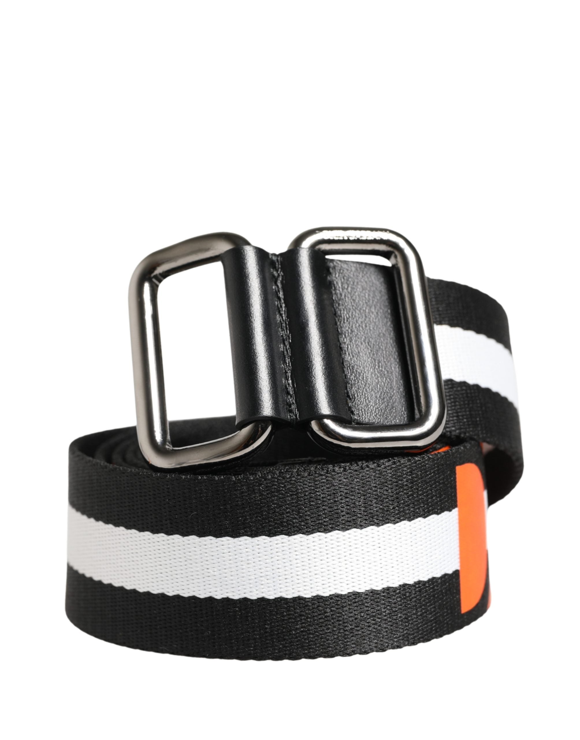 Men Black White Nylon Logo Metal Buckle Belt