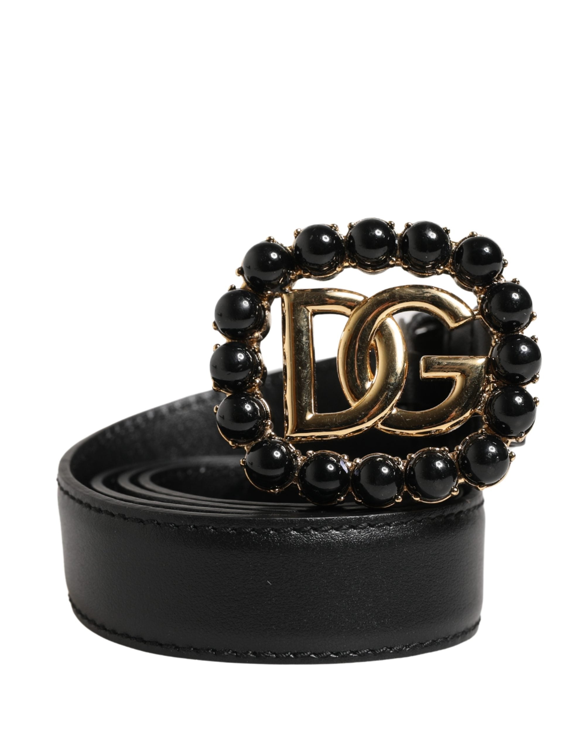 Black Leather DG Logo Embellished Buckle Belt