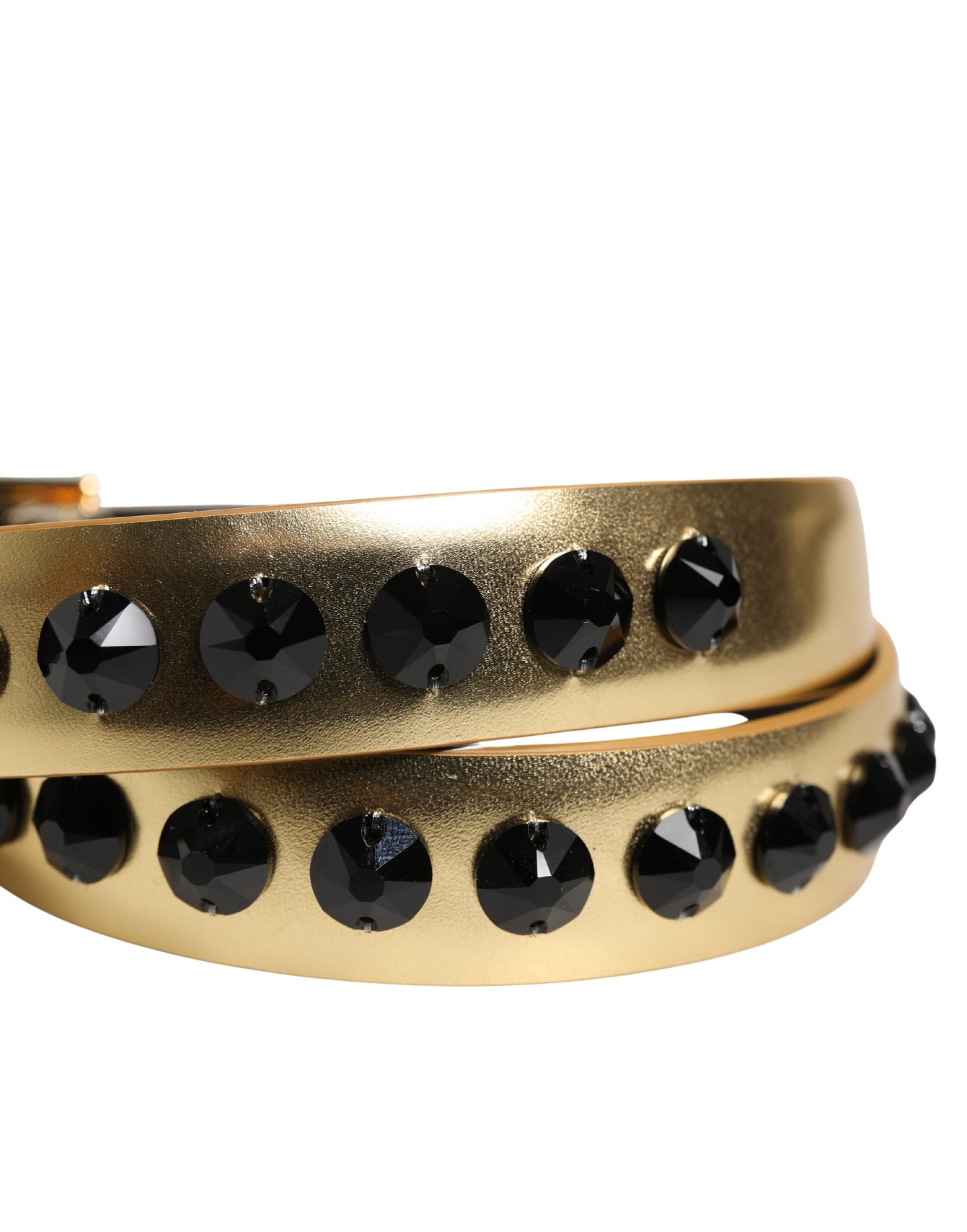 Gold Leather Black Crystals Metal Buckle Belt