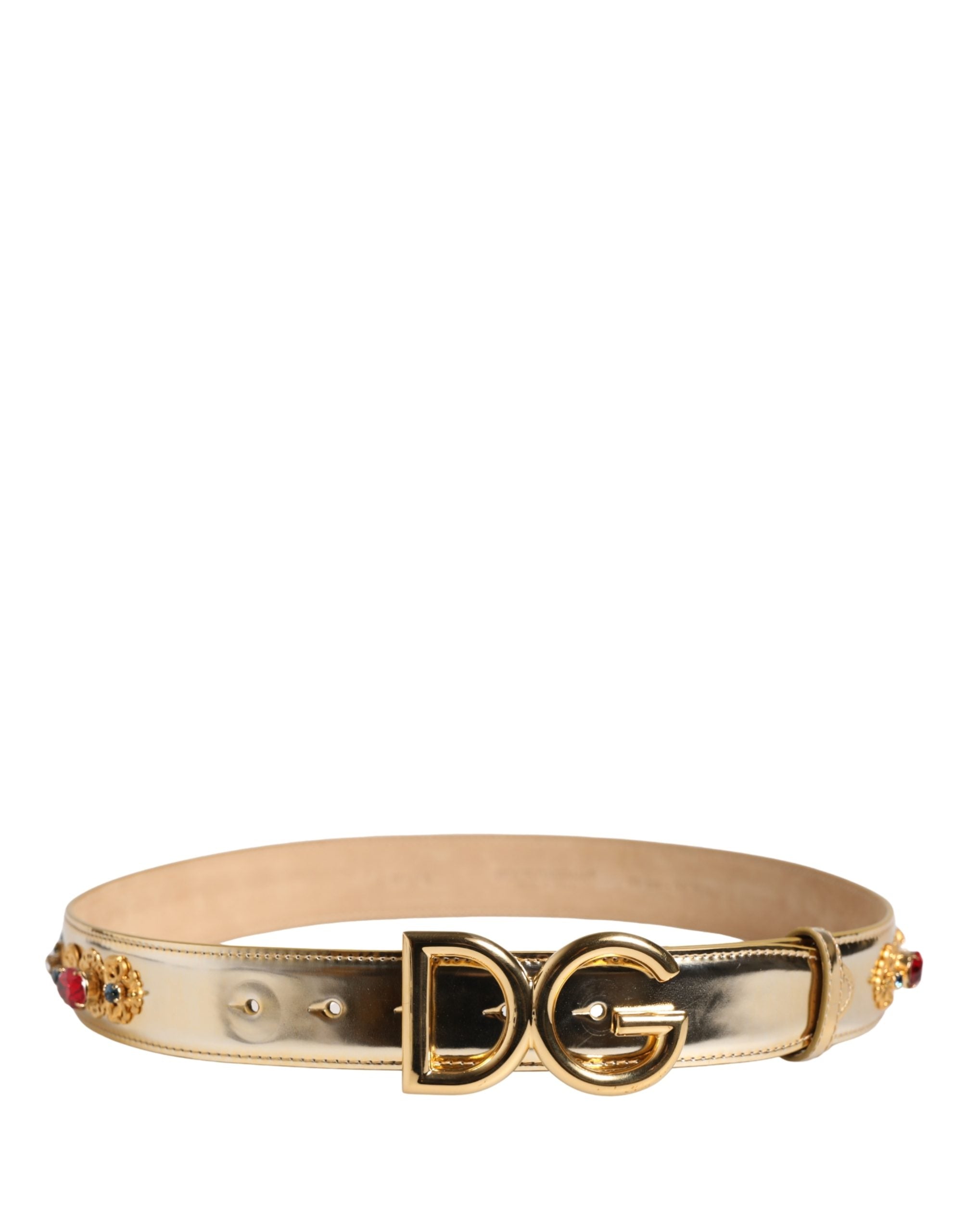 Gold Leather Crystals Logo Metal Buckle Belt