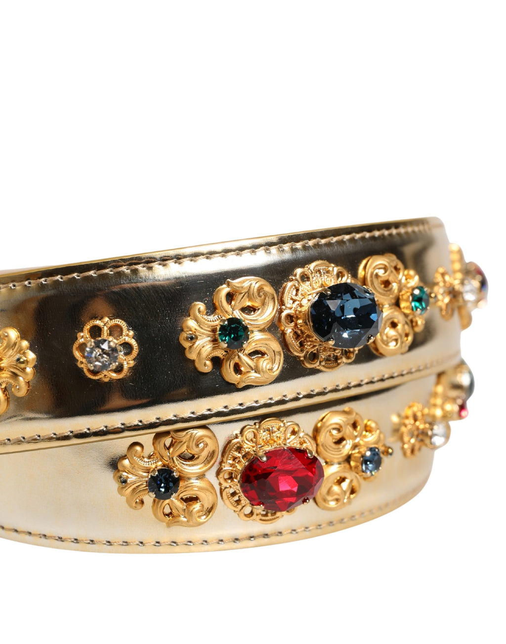 Gold Leather Crystals Logo Metal Buckle Belt