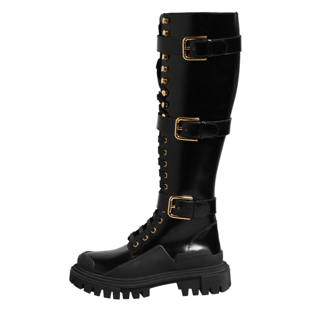 Black Buckle Embellished Knee High Boots Shoes