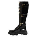 Black Buckle Embellished Knee High Boots Shoes