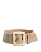 Beige Leather Logo Wide Waist Women Square Buckle Belt