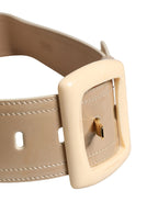 Beige Leather Logo Wide Waist Women Square Buckle Belt