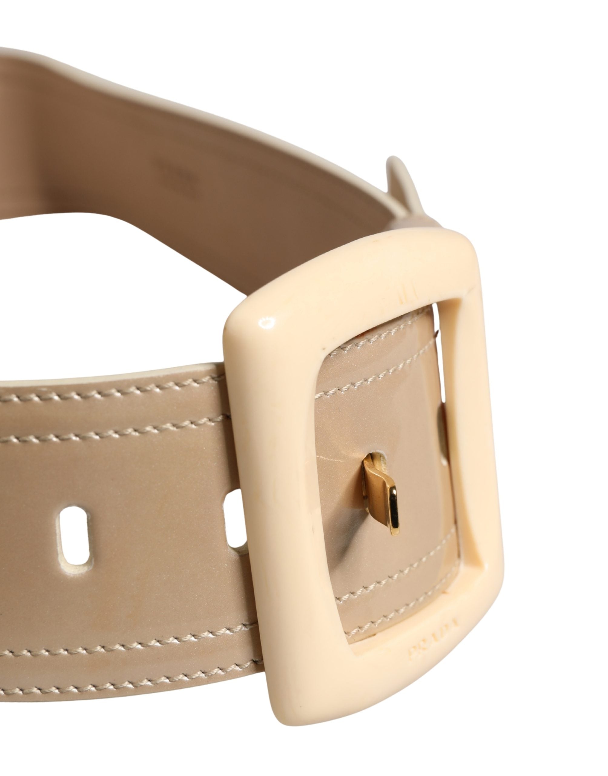 Beige Leather Logo Wide Waist Women Square Buckle Belt