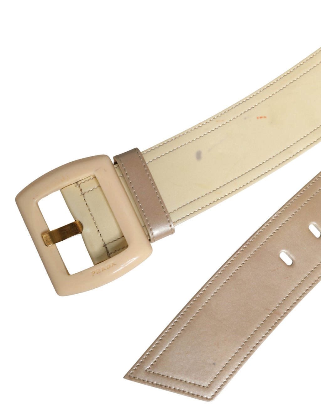 Beige Leather Logo Wide Waist Women Square Buckle Belt
