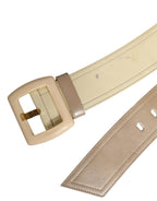 Beige Leather Logo Wide Waist Women Square Buckle Belt