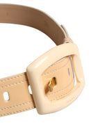 Beige Leather Logo Wide Waist Women Square Buckle Belt