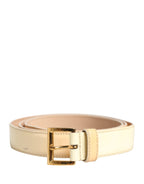 Beige Leather Logo Waist Women Gold Metal Buckle Belt