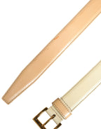 Beige Leather Logo Waist Women Gold Metal Buckle Belt
