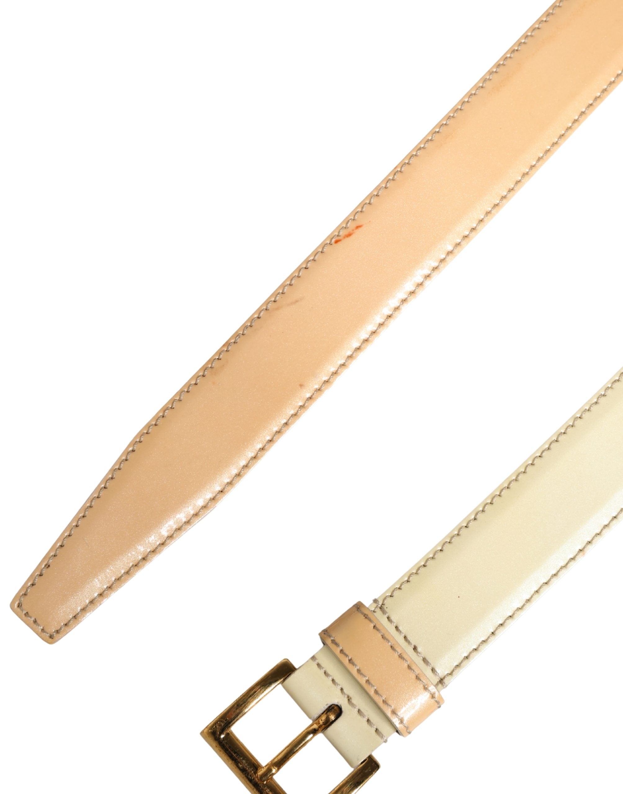 Beige Leather Logo Waist Women Gold Metal Buckle Belt