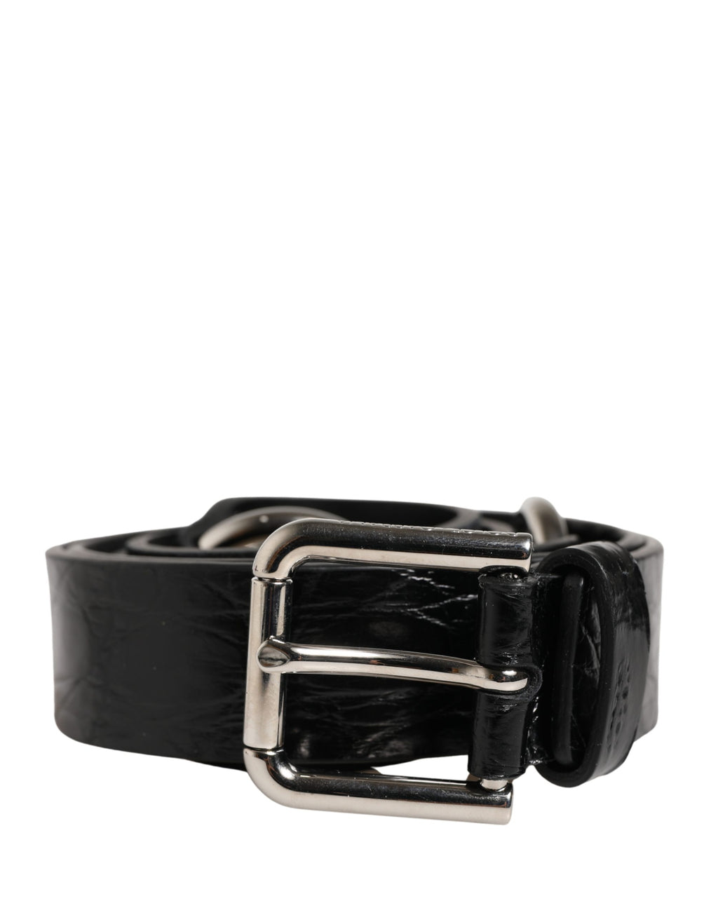 Black Exotic Leather Silver Metal Buckle Belt