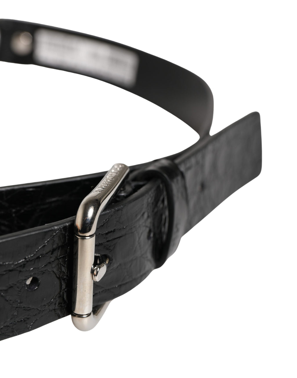 Black Exotic Leather Silver Metal Buckle Belt