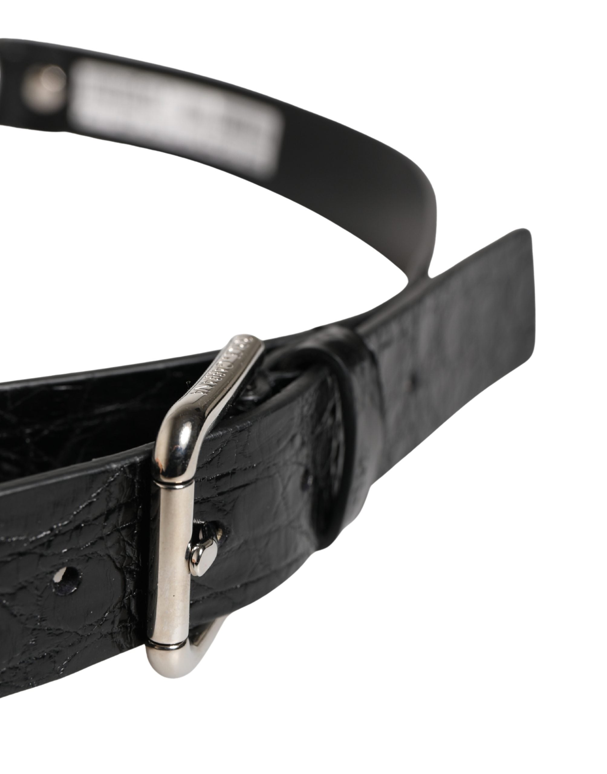 Black Exotic Leather Silver Metal Buckle Belt