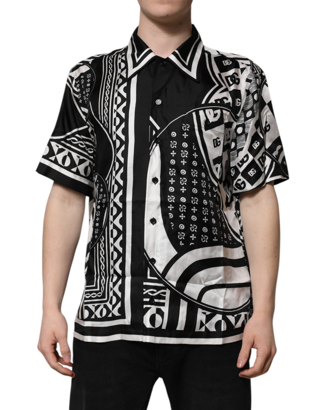 Black Silk Logo Print Short Sleeves Shirt