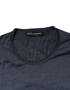 Blue Silk Crew Neck Long Sleeves Men T-shirt
