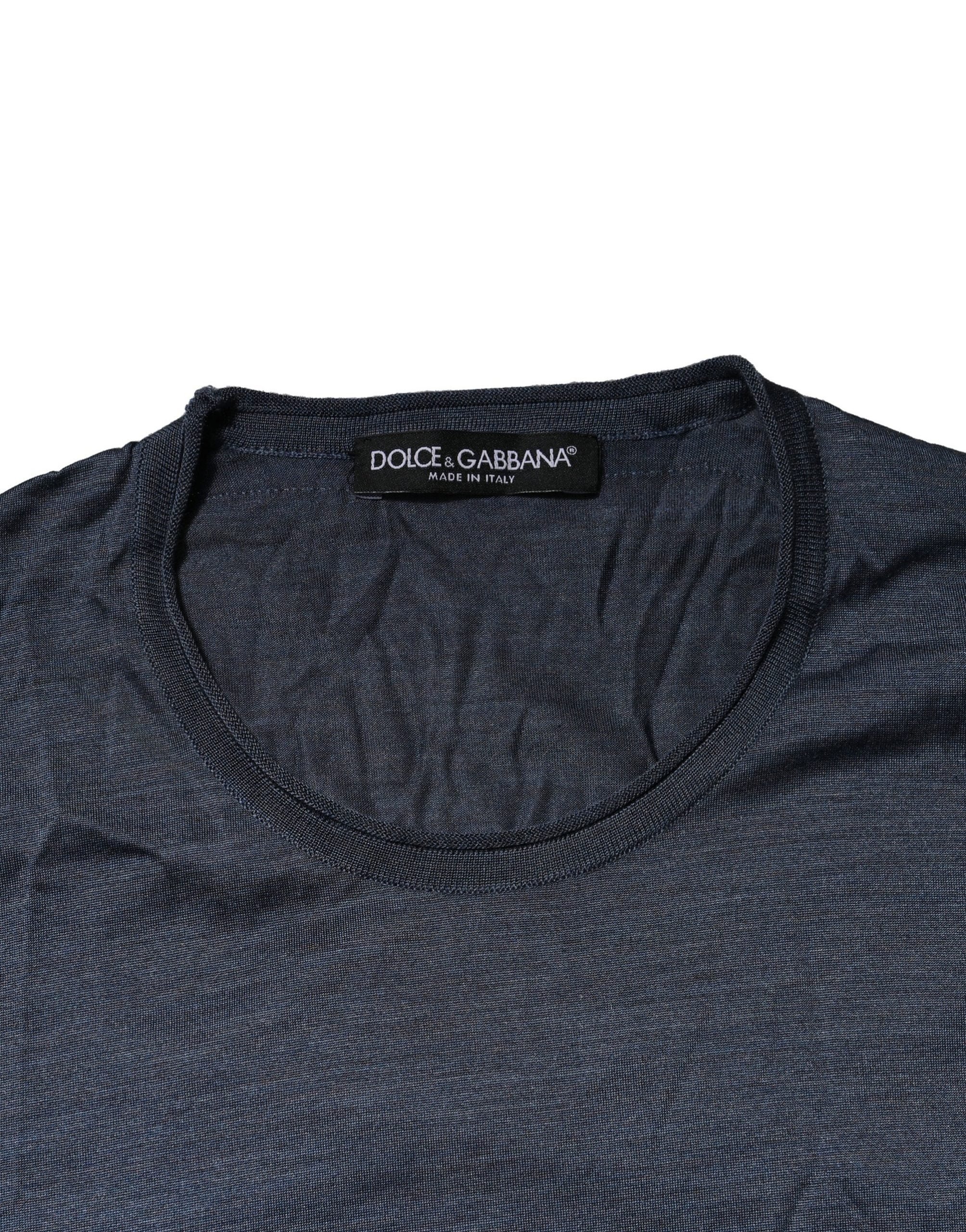 Blue Silk Crew Neck Long Sleeves Men T-shirt