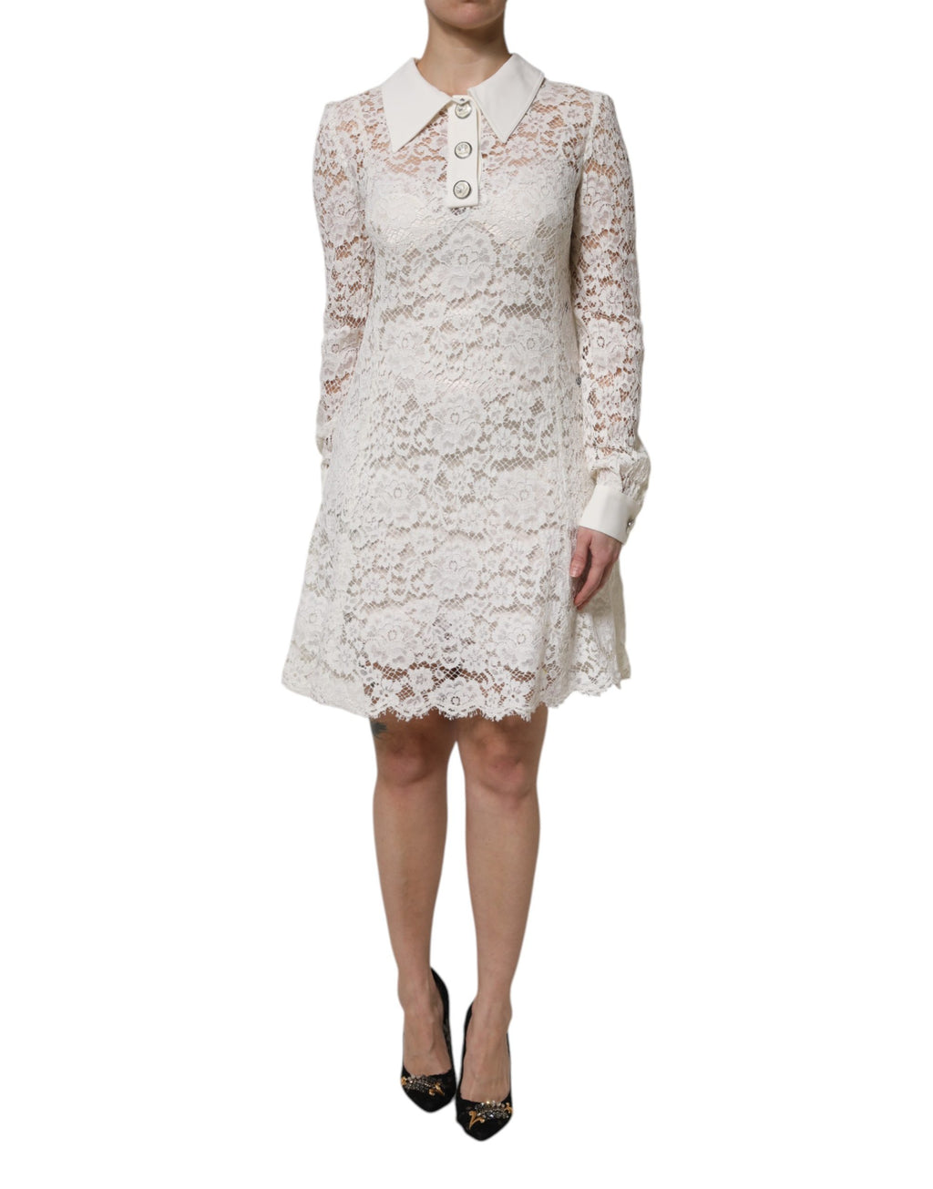 White Floral Lace Viscose Collared Mini Dress