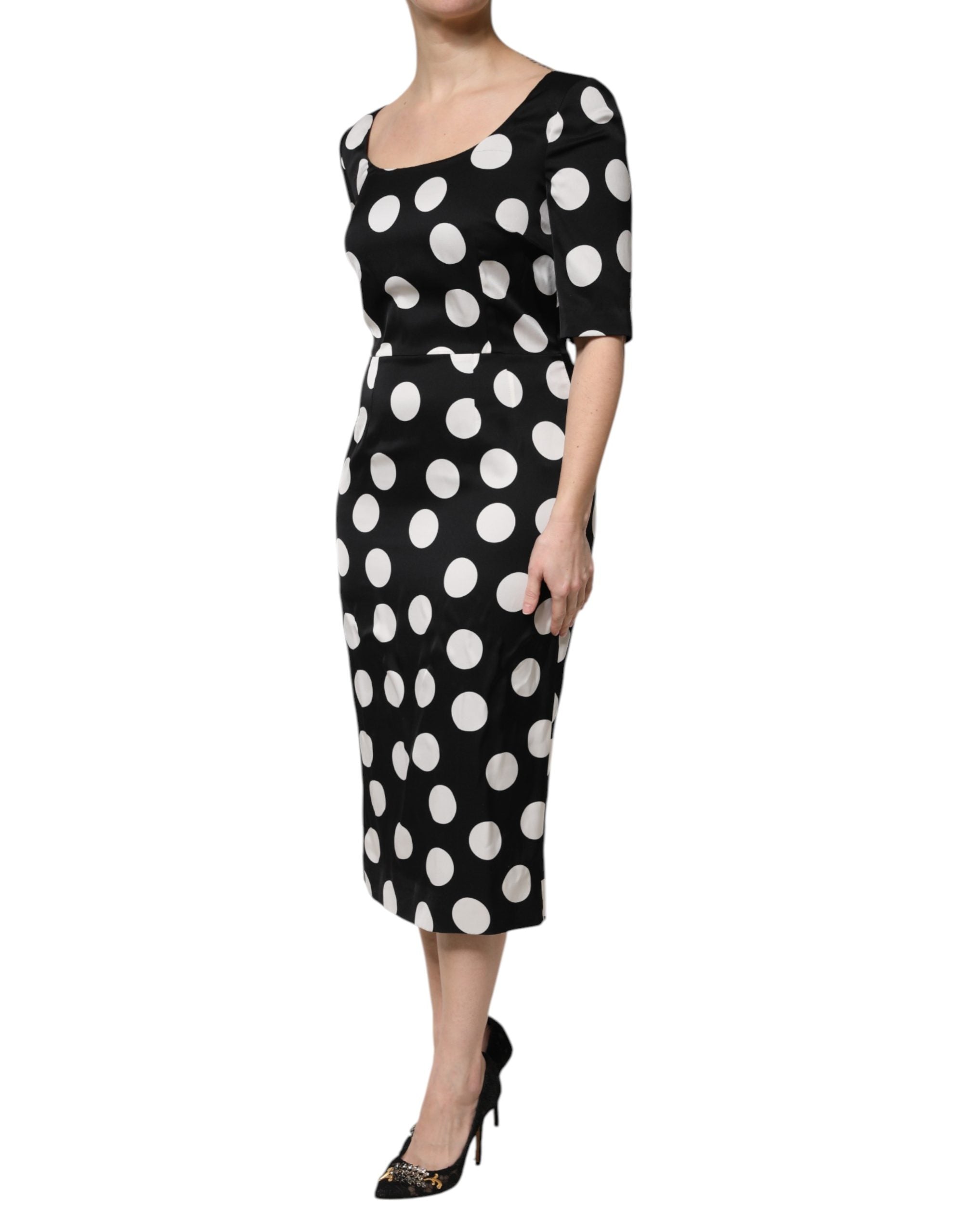 Black White Polka Dot Silk Sheath Midi Dress