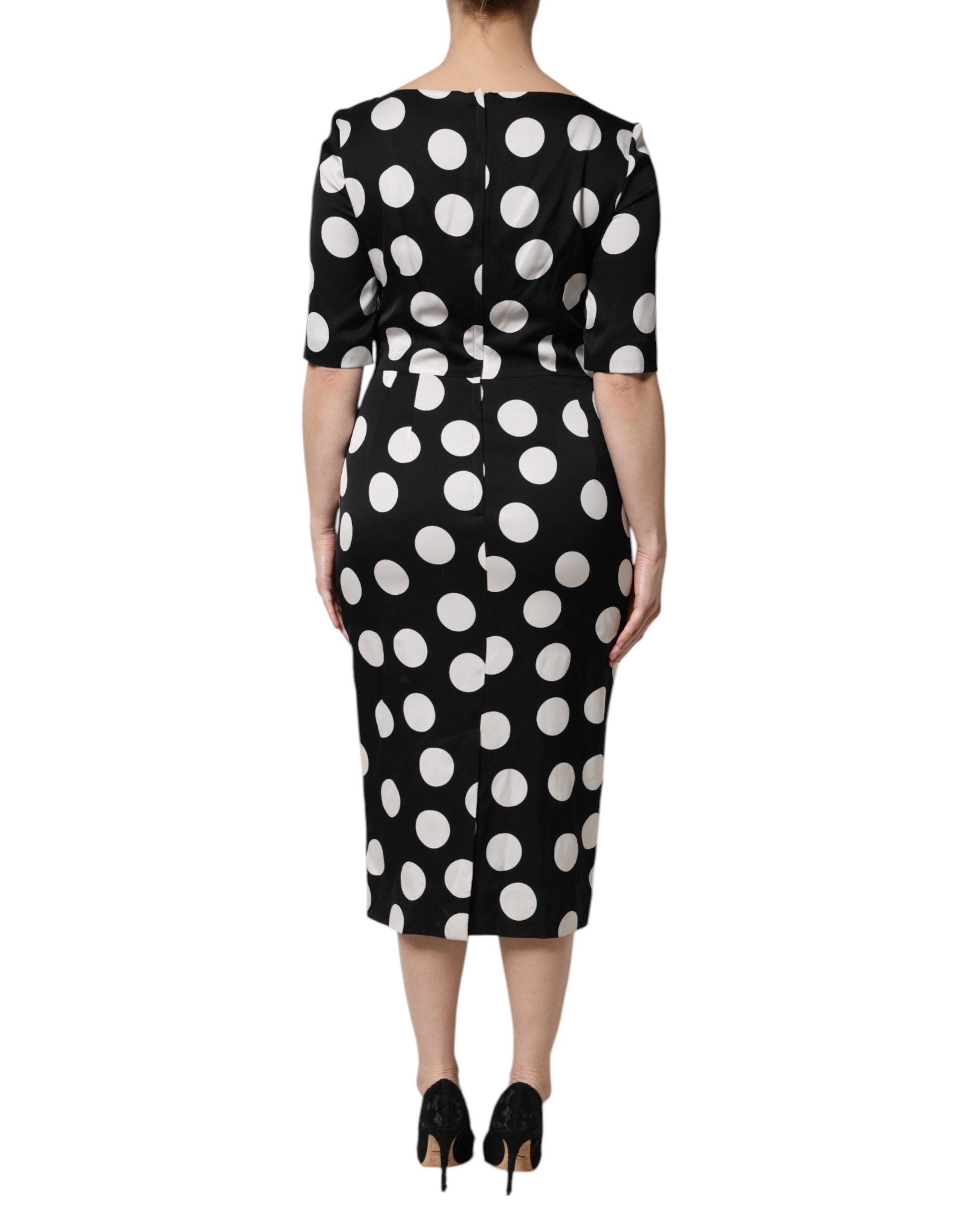 Black White Polka Dot Silk Sheath Midi Dress