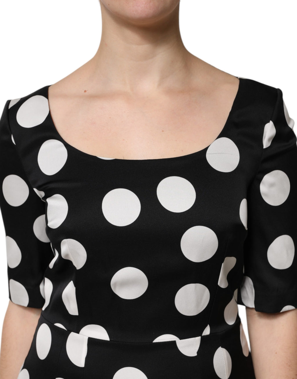 Black White Polka Dot Silk Sheath Midi Dress