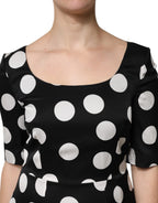 Black White Polka Dot Silk Sheath Midi Dress