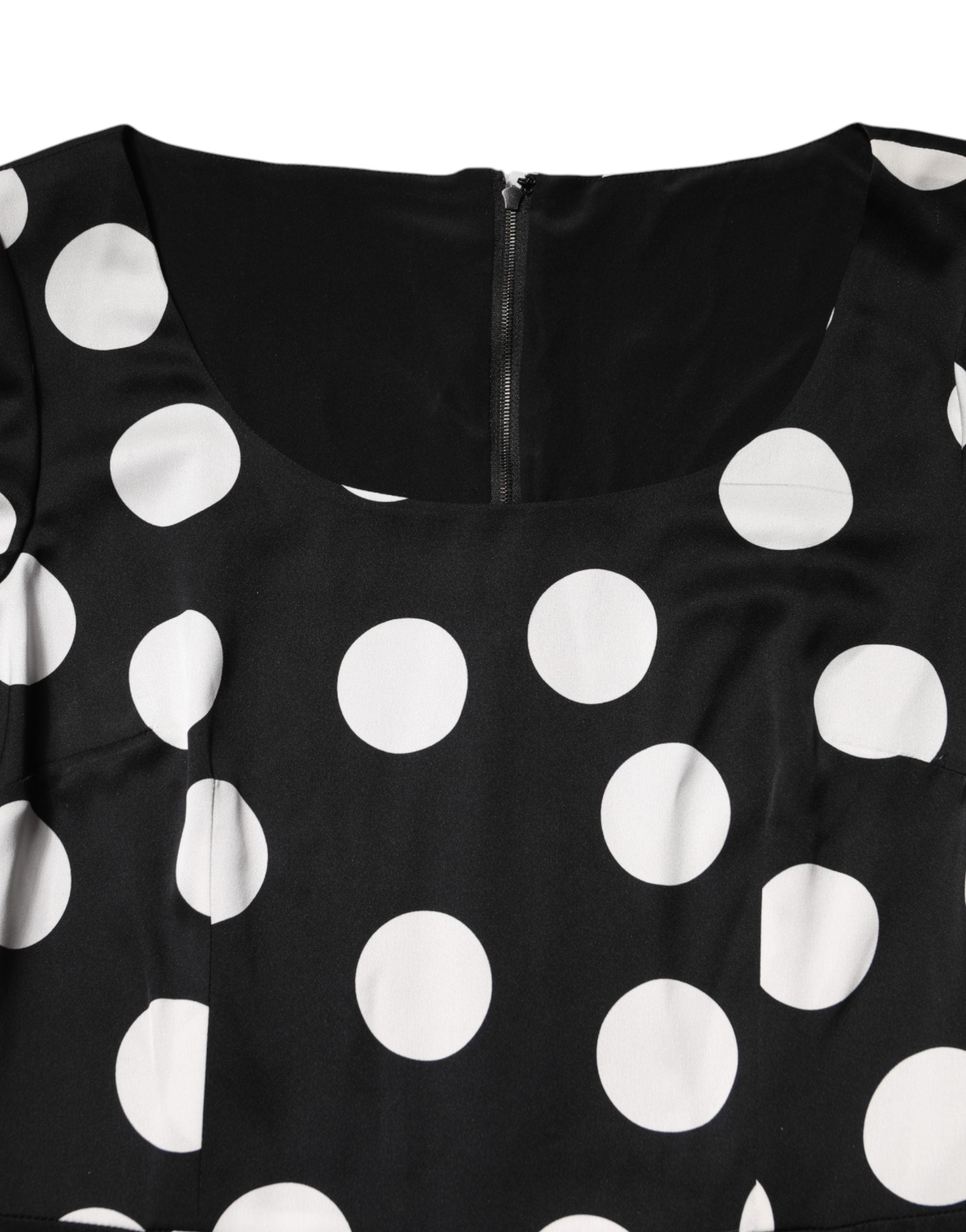 Black White Polka Dot Silk Sheath Midi Dress