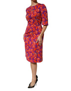 Purple Silk Floral Print Midi Sheath Dress