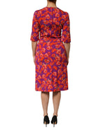 Purple Silk Floral Print Midi Sheath Dress