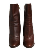 Brown Leather Heels Mid Calf Boots Shoes