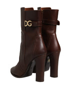 Brown Leather Heels Mid Calf Boots Shoes