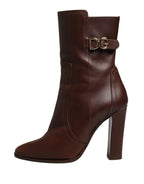 Brown Leather Heels Mid Calf Boots Shoes