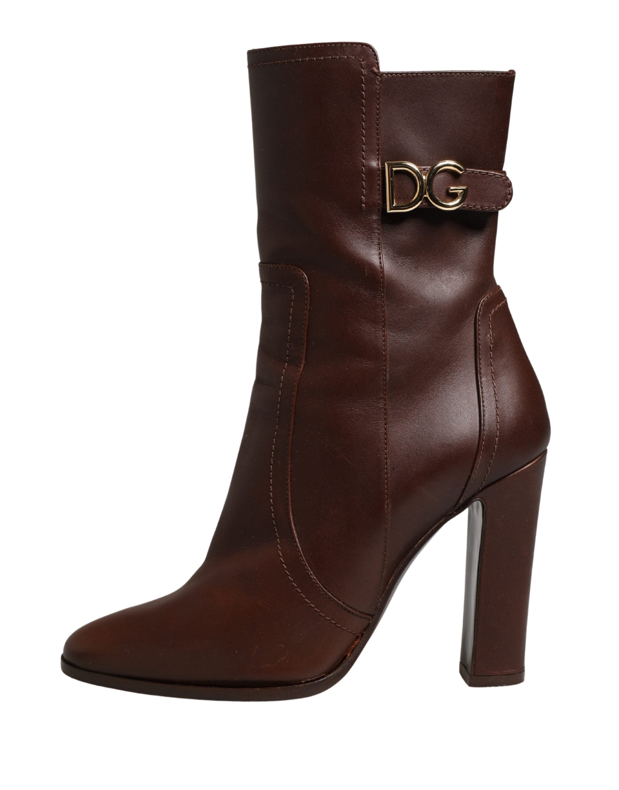 Brown Leather Heels Mid Calf Boots Shoes